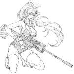  1girl armpits bare_shoulders belt boots bracelet breasts cleavage fingerless_gloves flame_print full_body gloves gun hair_ornament high_ponytail holding holding_weapon jewelry kubo_tite_(style) large_breasts long_hair looking_at_viewer micro_shorts monochrome no_shirt ponytail rakusakugk rifle scarf shorts sketch skull_hair_ornament solo striped_clothes striped_scarf studded_belt studded_bracelet tengen_toppa_gurren_lagann thighhighs weapon yoko_littner 