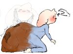 anthro blue_onesie blush blushing_profusely caressing_face clothing disembodied_hand duo ear_blush emanata excessive_feces eyes_closed feces floppy_ears fur head_tuft hi_res hyper hyper_feces hyper_soiling lagomorph leaking_feces leporid looking_back_at_self male male_pooping mammal narrowed_eyes onesie pooping rabbit scatplay simple_background soiling soiling_clothing soiling_onesie tiosqr torn_clothing tuft white_background white_body white_fur