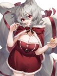  1girl animal_ears breasts cake cake_slice capelet christmas cowboy_shot dress eating food food_on_face fox_ears fox_girl fox_tail fur-trimmed_capelet fur-trimmed_dress fur_trim grey_hair hair_between_eyes highres holding holding_plate large_breasts looking_at_viewer original plate red_capelet red_dress red_eyes red_ribbon ribbon santa_dress simple_background solo tail white_background yazune 