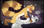 animal_genitalia anthro anthro_on_anthro anthro_penetrated anthro_penetrating anthro_penetrating_anthro bed bedroom big_tail blush bodily_fluids breath canid canine dialogue docking duo fox from_front_position fur furniture genitals graedius_(artist) graedius_(character) grey_body grey_fur hair hand_on_arm hand_on_shoulder heart_symbol lying lying_on_bed male male/male male_penetrated male_penetrating male_penetrating_male mammal multicolored_body multicolored_ears multicolored_face multicolored_fur multicolored_hair multicolored_tail on_back on_bed open_mouth panting penetration penile penile_penetration penis penis_in_other_sheath penis_in_sheath procyonid raccoon sex shaking sheath sheath_play sheath_sex smile speech_bubble steam sweat sweaty_face tail teeth white_body white_fur yellow_body yellow_fur