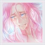 1boy alternate_hair_color bike_jersey blue_background blush border collarbone crying crying_with_eyes_open curtained_hair eyelashes furrowed_brow grey_border hair_between_eyes hair_over_shoulder inset_border jacket long_hair looking_to_the_side makishima_yuusuke male_focus mkprbot mole mole_under_eye mole_under_mouth multicolored_hair multiple_moles nose_blush open_clothes open_jacket parted_bangs pink_border pink_hair portrait raised_inner_eyebrows sad_smile smile solo streaked_hair tears wavy_hair white_border yowamushi_pedal 