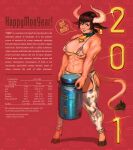  1girl abs absurdres animal_ears animal_print bell blue_eyes blue_lips bra breasts brown_hair chinese_zodiac cow_ears cow_girl cow_horns cow_print cow_tail cowbell english_commentary english_text got_milk? grin highres holding hooves horns milk_churn muscular muscular_female navel neck_bell nose_piercing nose_ring original piercing print_bra red_background simple_background smile solo specterwhite speech_bubble tail underwear web_address year_of_the_ox 