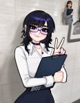  1girl araki_saori artist_name black_choker black_hair blue-framed_eyewear blue_eyes blue_nails blushyspicy bra_visible_through_clothes breasts choker clipboard collarbone cosplay ear_piercing earrings english_text glasses high-waist_skirt high_heels highres holding jewelry large_breasts looking_at_viewer mole mole_under_eye office_lady office_workers_(blushyspicy) pencil_skirt photoshop_(medium) piercing pointy_ears pumps real_life semi-rimless_eyewear shirt skirt smile under-rim_eyewear v vampire vivian_seong_(blushyspicy) white_shirt wide_hips 