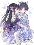  1boy 1girl 4ding alternate_costume animal_ear_fluff animal_ears animal_print aqua_eyes between_legs black_hair blue_bow blunt_ends blush bow cat_ears cat_print closed_mouth collar commission crescent crescent_hair_ornament dress eyelashes eyeliner eyeshadow frilled_collar frilled_sleeves frills genshin_impact hair_bow hair_ornament hand_on_another&#039;s_ass hand_on_another&#039;s_shoulder heart hetero highres long_hair long_sleeves makeup mona_(genshin_impact) ponytail_holder puffy_sleeves purple_bow purple_dress purple_eyes purple_sleeves red_eyeliner red_eyeshadow scaramouche_(genshin_impact) second-party_source short_sleeves sidelocks sketch smile star_(symbol) star_print sweatdrop thighhighs twintails white_background white_collar white_thighhighs 