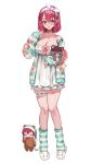  1girl absurdres aqua_jacket aqua_socks bow_hairband breasts chest_bow cleavage commentary_request cosplay cross-laced_clothes cross-laced_sleeves dress empire_waist frilled_dress frilled_thigh_strap frills full_body hairband hand_up heterochromia highres holding holding_stuffed_toy hololive houshou_marine jacket large_breasts looking_at_viewer loungewear multicolored_jacket off_shoulder open_mouth red_eyes red_hair rum_raisin_(chihiromakita19) shiranui_flare shiranui_flare_(cosplay) shiranui_flare_(loungewear) short_dress simple_background sleeves_past_wrists slippers socks solo striped_clothes striped_jacket striped_socks stuffed_animal stuffed_toy teddy_bear thigh_strap two-tone_jacket two-tone_socks virtual_youtuber white_background white_dress white_hairband yellow_eyes 