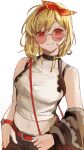  1girl adapted_costume bare_shoulders belt blonde_hair commentary crop_top earrings english_commentary grin highres hololive hololive_indonesia jewelry kaela_kovalskia looking_at_viewer medium_hair midriff navel red-tinted_eyewear red_belt red_eyes round_eyewear smile solo tinted_eyewear twitter_username upper_body venn_(vebonbon) watch white_background wristwatch 