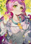  1girl absurdres collarbone green_eyes hamelon310 hand_up highres jewelry labcoat leaf medicine miriam_(pokemon) multicolored_hair outdoors pokemon pokemon_(game) pokemon_sv purple_hair smile solo stethoscope sweater tagme two-tone_hair 