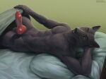  animal_genitalia animal_penis anthro athletic athletic_anthro athletic_male bed bodily_fluids canid canine canine_genitalia canine_penis canis erection fur furniture genital_fluids genitals grey_body grey_fur hand_on_head hi_res knot looking_at_viewer male mammal nude on_bed penis precum precum_on_penis seductive smile solo under_covers virtyalfobo wolf yellow_eyes 