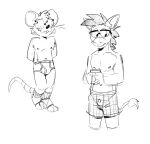 anthro black_and_white blush boxers_(clothing) briefs buckteeth clothed clothing duo embarrassed eyewear footwear glasses hands_behind_back hi_res holding_object male mammal monochrome mouse murid murine nipples open_mouth open_smile plaid_boxers rodent simple_background sketch smile socks teeth teeth_showing tinydeerguy toeless_footwear toeless_socks topless topless_male underwear unnamed_donkey_(tinydeerguy) whiskers white_background
