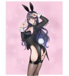  1girl animal_ear_hairband animal_ears artist_name ass black_bow black_bowtie black_garter_straps black_leotard black_thighhighs blue_eyes blue_hair blush bow bowtie breasts cleavage collar commentary cosplay detached_collar fake_animal_ears fake_tail garter_straps hairband hands_up highleg highleg_leotard izayoi_arisa izayoi_arisa_(cosplay) kitagawa_marin lace_garter_straps large_breasts leotard long_hair long_sleeves looking_at_viewer meganerid mixed-language_commentary pink_background playboy_bunny rabbit_ear_hairband rabbit_ears rabbit_tail smile solo sono_bisque_doll_wa_koi_wo_suru standing tail tailcoat tailcoat_playboy_bunny thighhighs v white_collar 