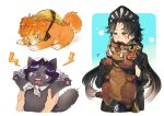  1girl :/ angry animal animalization anjo_nala beret black_cat black_dress black_gloves black_hat cat chin_strap coif creature dog dress gloves hat hat_on_back highres holding holding_animal holding_cat holding_creature liang_yue_(reverse:1999) long_hair lopera_(reverse:1999) low_twintails mummeemeemama neckerchief open_mouth parted_bangs police police_uniform policewoman purple_eyes qiangliang_(reverse:1999) reverse:1999 shout_lines solo straw_hat tearing_up twintails upper_body white_background white_hat white_neckerchief yellow_eyes yellow_hat 
