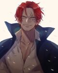  beard collarbone facial_hair highres light_particles looking_at_viewer male_focus nicoliarts one_piece orange_eyes partially_unbuttoned pectoral_cleavage pectorals red_hair scar scar_across_eye scar_on_face shanks_(one_piece) shirt short_hair smile white_background white_shirt 