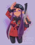  1girl beret black_hat black_pants black_shirt breasts buttons closed_mouth coat collared_shirt commentary commission dark-skinned_female dark_skin eyebrow_cut gun hat highres holding holding_gun holding_weapon inkling inkling_girl inkling_player_character large_breasts long_hair looking_at_viewer n-zap_(splatoon) pants pointy_ears purple_background purple_eyes purple_hair red_coat salute shirt smile solo splatoon_(series) splatoon_3 standing symbol-only_commentary tentacle_hair tobayeru very_long_hair watermark weapon 