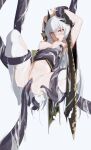 1girl armpits arms_up breasts cleavage dragon_girl dragon_horns fate/grand_order fate_(series) horns kiyohime_(fate) long_hair medium_breasts multiple_horns newflame nipples red_eyes restrained solo suspension tentacles thighhighs torn_clothes vaginal white_hair white_thighhighs 