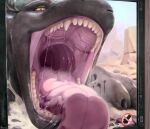  artist_name blue_sky claws close-up condensation dragon english_commentary english_text fangs highres kivazard licking_window looking_at_viewer no_humans no_symbol open_mouth original saliva saliva_trail sky solo teeth tongue tongue_out window_fog yellow_eyes 