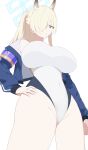  1girl animal_ear_fluff animal_ears armband blonde_hair blue_archive blue_eyes blue_halo blue_jacket blue_sky_story breasts covered_navel dog_ears extra_ears groin hair_over_one_eye halo hand_on_own_hip highres jacket kanna_(blue_archive) kanna_(swimsuit)_(blue_archive) large_breasts long_hair looking_at_viewer multicolored_jacket one-piece_swimsuit parted_lips ponytail purple_armband rectangular_halo sharp_teeth solo swimsuit teeth thighs two-tone_jacket white_jacket white_one-piece_swimsuit 