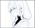  1girl art_program_in_frame blue_archive blush closed_mouth commentary_request eryuus3 eyelashes eyes_visible_through_hair from_side glasses hair_behind_ear hair_between_eyes hair_over_shoulder happy highres jewelry long_hair looking_down monochrome neckerchief pendant profile round_eyewear sailor_collar school_uniform serafuku sidelocks sketch smile solo split_mouth turtleneck ui_(blue_archive) upper_body 