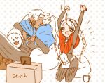  1girl bangs boo_(mario) box braid capelet cardboard_box coffee_mug cup father_and_daughter fire_emblem fire_emblem_fates grey_hair hood hood_down hooded_capelet low_twin_braids mug niles_(fire_emblem) nina_(fire_emblem) nintendo_switch open_mouth pants parted_bangs playing_games striped striped_pants sunsetcookies twin_braids vertical-striped_pants vertical_stripes white_hair 