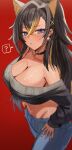  1girl :/ ? bangs bare_shoulders black_collar black_hair blonde_hair blue_eyes blush breasts cleavage collar collarbone cropped_sweater crossed_bangs dangle_earrings dark-skinned_female dark_skin dehya_(genshin_impact) denim earrings genshin_impact grey_sweater hair_between_eyes hair_ears hair_ornament highres horn/wood jeans jewelry large_breasts long_hair looking_at_viewer midriff multicolored_hair nail_polish navel off-shoulder_sweater off_shoulder pants red_background red_nails ribbed_sweater solo speech_bubble spoken_question_mark stomach streaked_hair sweater x_hair_ornament 