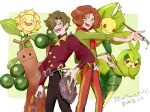  2boys :&gt; ^_^ black_pants blush brassius_(pokemon) brown_hair burgh_(pokemon) closed_eyes closed_mouth commentary_request doaaaaaaaaaa green_eyes green_hair green_shirt hair_over_one_eye holding holding_paintbrush holding_whip jitome leavanny long_sleeves male_focus multicolored_pants multiple_boys occupation_connection open_mouth paint paintbrush pants pokemon pokemon_(creature) pokemon_bw pokemon_sv red_scarf red_shirt scarf shirt smile striped_clothes striped_pants sudowoodo sunflora swadloon teeth translation_request whip 