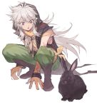  1boy animal bandaged_arm bandages bangs boots full_body genshin_impact gloves green_pants grey_hair hood hood_up long_hair male_focus open_mouth orange_gloves pants partially_fingerless_gloves rabbit razor_(genshin_impact) razor_is_cute red_eyes scar scar_on_arm scar_on_cheek scar_on_face simple_background sparkle sweat white_background 
