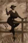 absurd_res accipitrid accipitriform anthro avian bathory_black_(therealnarrowjungle) belt belt_buckle big_breasts bird black_body black_fur black_hair black_lips boots bottomwear bovid breasts brown_clothing brown_jacket brown_topwear buckle buckteeth button_(fastener) caprine cheek_tuft clearvision clothed clothing cloud collared_shirt cowboy_boots cowboy_outfit detailed_background dress_shirt duster_coat eagle eyebrows eyelashes eyeliner facial_hair facial_tuft female fence fencepost fingers footwear fur goat goatee grass gun hair handgun hi_res hill holding_object holding_ranged_weapon holding_weapon holster hoof_shoes hooved_fingers hooves horn huge_breasts huge_filesize jacket knife knife_sheath lips looking_at_viewer makeup mammal monochrome ocular_prosthetic pants pinup pistol plant pose prosthetic raised_arm ranged_weapon red_eyes revolver sepia shirt shoes short_hair signature sitting_on_fence sitting_on_object sky smile smiling_at_viewer solo sunset teeth teeth_showing topwear tree tuft vest weapon white_clothing white_shirt white_topwear