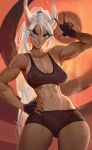  1girl abs animal_ears black_gloves black_shorts black_sports_bra boku_no_hero_academia bonifasko breasts fingerless_gloves gloves hand_on_own_hip highres looking_at_viewer medium_breasts mirko muscular muscular_female navel rabbit_ears rabbit_girl red_eyes short_shorts shorts solo sports_bra white_hair workout_clothes 