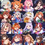 6+girls absurdres animal_ears blood brown_hair burger ear_covers eating el_condor_pasa_(umamusume) food gold_ship_(umamusume) grass_wonder_(umamusume) grey_hair hair_ornament haru_urara_(umamusume) heart heart_hands highres holding holding_burger holding_food horse_ears matikanefukukitaru_(umamusume) matikanetannhauser_(umamusume) mayano_top_gun_(umamusume) mejiro_mcqueen_(umamusume) multiple_girls nosebleed oguri_cap_(umamusume) rice_shower_(umamusume) smile special_week_(umamusume) tamamo_cross_(umamusume) tokai_teio_(umamusume) umamusume upper_body waonaolmao 