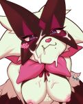 anthro bodily_fluids breasts cum cum_in_mouth cum_inside cum_on_breasts cum_on_face fan_character felid feline female generation_9_pokemon genital_fluids hi_res high-angle_view mammal markings meowscarada mole_(marking) nintendo nipples nyushi pokemon pokemon_(species) ribbons sitting smile solo