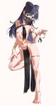  1girl absurdres black_hair blue_eyes breasts closed_mouth commission double_bun feet gold_armlet hair_bun hair_ornament harem_outfit highres long_hair looking_at_viewer miyao_nemu mouth_veil pelvic_curtain simple_background small_breasts smile solo standing standing_on_one_leg veil waligner white_background witch_watch 