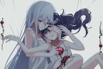  2girls alien_stage asahina_mafuyu black_blood blood blood_on_face blue_eyes commentary crying dress english_commentary floating_hair gem grey_hair hand_over_another&#039;s_eye heart-shaped_gem highres holding holding_gem long_hair miyotastic multiple_girls parted_lips ponytail project_sekai puppet_strings purple_hair red_gemstone sleeveless sleeveless_dress tears very_long_hair white_dress yoisaki_kanade 