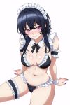  1girl absurdres bare_shoulders bikini bilingual_commentary black_bikini black_hair blue_nails blush breasts commentary crossed_bangs detached_collar english_commentary frilled_arm_strap frilled_bikini frilled_thigh_strap frills hair_between_eyes highres ichinose_uruha large_breasts looking_at_viewer maid maid_bikini maid_headdress mixed-language_commentary nail_polish navel nose_blush p-nekoe purple_eyes simple_background sitting smile solo stomach swimsuit thigh_strap unconventional_maid virtual_youtuber vspo! white_background wrist_cuffs 