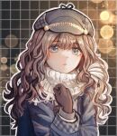  1girl :&lt; astra_(aaastraaaa) black_background blue_coat blue_eyes blurry bokeh brown_gloves brown_hair coat depth_of_field gloves grey_hat grid_background hand_up hat highres long_hair looking_at_viewer marcus_(reverse:1999) mole mole_under_eye reverse:1999 scarf solo upper_body wavy_hair white_scarf 
