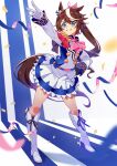  1girl animal_ears ascot asymmetrical_gloves black_gloves blue_eyes blue_ribbon boots brown_hair buttons commentary double-breasted ear_ribbon epaulettes gloves hair_between_eyes hair_ribbon horse_ears horse_girl horse_tail jacket kafuki_fuka knee_boots long_hair long_sleeves looking_at_viewer multicolored_hair multicolored_jacket outstretched_arm pink_ascot pink_ribbon ponytail ribbon single_epaulette smile solo standing streaked_hair tail tokai_teio_(umamusume) two-tone_hair two-tone_jacket two-tone_skirt umamusume white_boots white_gloves white_hair 