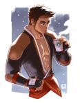  1boy abs absurdres artist_name bara blowing brown_hair coffee highres large_pectorals manly mature_male mondoart muscular muscular_male non-web_source original pectorals raeyr_(mondo) short_hair solo spiked_hair thick_arms thick_eyebrows 