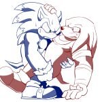  2boys bara blue_fur blush carrying carrying_person clenched_teeth closed_mouth commentary_request covered_penetration fang fang_out fangs furry furry_male green_eyes hedgehog_boy implied_sex knuckles_the_echidna large_pectorals looking_at_another looking_down male_focus multiple_boys pectorals purple_eyes red_fur shoes sonic_(series) sonic_boom_(series) sonic_the_hedgehog sonic_the_werehog sonic_unleashed spiked_shoes spikes teeth tsukigara_rosshi white_background 