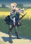  1girl absurdres blonde_hair blue_eyes bolt_action boots canteen carrying erica_(naze1940) field german_army grass gun hat helmet highres long_sleeves mauser_98 military military_hat military_jacket military_uniform multiple_girls original outdoors piggyback rifle road short_hair tree uniform weapon world_war_ii 