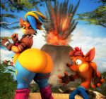  activision anthro bandicoot belly big_belly big_butt blonde_hair breasts butt clothed clothing crash_bandicoot crash_bandicoot_(series) digital_media_(artwork) duo ear_piercing ear_ring exposed_butt facing_rear female fur green_eyes hair hi_res male mammal marsupial multicolored_hair pestilad piercing pirate_tawna ring_piercing tawna_bandicoot tropics turned_around wide_eyed 