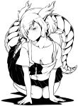  1girl absurdres all_fours bangs breasts closed_mouth downblouse dragon_girl dragon_horns dragon_tail full_body hanging_breasts highres himajin_noizu horns kicchou_yachie looking_to_the_side medium_breasts monochrome no_bra seiza shirt short_hair short_sleeves sitting skirt solo tail touhou turtle_shell 