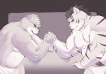 2boys absurdres animal_ears arm_wrestling bara bare_pectorals belly biceps closed_mouth dog_boy dog_ears fangs furry furry_male greyscale hachimaki headband highres hitachi_(tamacolle) looking_at_another male_focus monochrome morkovjpn multiple_boys musashi_(tamacolle) muscular muscular_male nejiri_hachimaki nipples open_mouth pectorals plump serious sweat tamacolle tiger_boy tiger_ears tiger_stripes towel towel_around_waist very_sweaty 
