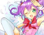  1girl ;d absurdres angel_wings arm_up armpits artist_collaboration blue_background blue_gemstone blue_thighhighs blush bow bowtie breasts busuaya buttons colorized falling_feathers fang feathered_wings feathers feet_out_of_frame floating_hair gem green_eyes hair_between_eyes hair_bow highres himeno_kotori knees_up looking_at_viewer mini_wings miniskirt mkprbot number_four_(asl) one_eye_closed open_mouth pink_shirt pink_trim purple_hair raised_eyebrows red_bow red_bowtie red_gemstone sailor_collar salute shedding shedding_feathers shirt short_twintails sideboob skirt sleeveless small_breasts smile solo sparkle sparkling_eyes thighhighs twintails white_bow white_feathers white_sailor_collar white_skirt white_wings white_wrist_cuffs wings wrist_cuffs yowamushi_pedal zettai_ryouiki 