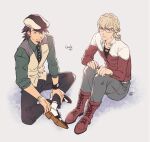  2boys barnaby_brooks_jr. black_pants black_shirt blonde_hair blue_eyes boots brown_eyes brown_hair closed_mouth collarbone collared_jacket collared_shirt commentary_request denim facial_hair frown glasses goatee green_shirt grey_background grey_pants hand_on_own_ankle hands_on_own_knees hat jacket jeans kaburagi_t._kotetsu lace-up_boots long_sleeves male_focus multicolored_jacket multiple_boys necktie pants parted_bangs partially_unzipped red_boots shirt shoes sitting socks tiger_&amp;_bunny two-tone_jacket vest watch white_socks wing_collar wristwatch yoh_(pixiv199441) 