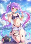  1girl :q alternate_costume barefoot beach bibi_(tokoyami_towa) bikini bikini_under_shorts black_bikini black_collar blue_sky blunt_bangs breasts cleavage closed_mouth collar colored_inner_hair commentary cross-laced_slit day demon_girl demon_tail english_commentary food full_body gradient_hair green_eyes green_nails hair_ornament hairclip halterneck hands_up heart heart_o-ring highleg highleg_bikini highres holding holding_food holding_popsicle hololive kneeling long_hair looking_at_viewer multicolored_hair nail_polish navel_piercing o-ring o-ring_thigh_strap open_fly outdoors parallel_hairclips piercing pink_hair pink_nails popsicle purple_hair redpepperoni00 short_shorts shorts side_slit side_slit_shorts sky small_breasts smile solo swimsuit tail tail_ornament tail_piercing thigh_strap toenail_polish toenails tokoyami_towa tongue tongue_out twintails very_long_hair virtual_youtuber white_shorts 