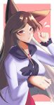  1girl absurdres animal_ears blush breasts brown_hair commentary_request daichia fingernails flying_sweatdrops frilled_sleeves frills grey_shirt highres imaizumi_kagerou large_breasts long_hair long_sleeves looking_at_viewer open_mouth parted_bangs pink_background raised_inner_eyebrows red_brooch red_eyes red_nails red_skirt sharp_fingernails shirt sidelocks skirt solo touhou two-tone_background upper_body white_background wolf_ears wolf_girl 