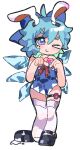  1girl alternate_costume animal_costume animal_ears blue_bow blue_dress blue_eyes blue_hair blue_shirt blush bow cirno collar collared_shirt cum dress fairy_wings frilled_shirt_collar frills frog highres ice ice_wings juliet_sleeves kuzucirno long_sleeves looking_at_viewer mary_janes puffy_sleeves rabbit_costume rabbit_ears red_bow self-upload shirt shoes short_hair single_shoe skirt socks solo touhou unworn_shoes white_background wings 