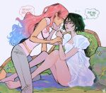  2girls alien_stage barefoot black_hair blue_hair commentary dress english_commentary english_text grey_pants highres knees_up long_hair mizi_(alien_stage) multicolored_hair multiple_girls pants pink_hair pink_shirt puffy_short_sleeves puffy_sleeves purple_eyes shirt short_hair short_sleeves sitting sua_(alien_stage) two-tone_hair very_long_hair white_dress wiistef yuri 
