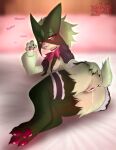 anthro anus astralia_(art) bed blep blush bodily_fluids breasts butt domestic_cat felid feline felis female fur furniture generation_9_pokemon genital_fluids genitals green_body green_fur hi_res mammal meowscarada nintendo nipples pawpads paws pokemon pokemon_(species) presenting presenting_anus presenting_vulva solo solo_focus spread_butt spreading tail text tongue tongue_out vaginal_fluids vulva watermark