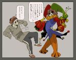  2boys alternate_costume androgynous asymmetrical_sleeves bakushi_(smys2017) bell-bottoms black_eyes black_nails black_pants black_tank_top blunt_bangs blunt_ends bob_cut border bow brown_hair brown_hairband brown_slippers casual closed_mouth colored_sclera colored_skin commentary_request cropped_legs double_vertical_stripe extra_arms familiar fingernails flexible furrowed_brow green_hat green_sleeves grey_border grey_sleeves grey_sweater hairband hand_on_own_chest hand_on_own_hip hat invisible_chair jester jester_cap jester_costume legs_apart long_shirt long_sleeves looking_at_viewer lowered_eyelids makeup male_focus medium_hair mismatched_sleeves monster_boy mouth_hold multiple_boys neck_ruff nose orange_pants oversized_sweater pale_skin pants parted_bangs pleated_pants pointy_nose puff_and_slash_sleeves puffy_long_sleeves puffy_sleeves pulcinella_(vlad_grimms) purple_shirt red_hat red_sclera red_sleeves shirt simple_background sitting sleeves_past_wrists slippers speech_bubble striped_clothes striped_pants sweater tank_top tied_sleeves translation_request two-tone_hat vampire vertical-striped_clothes vertical-striped_pants vlad_grimms white_background white_skin yellow_bow yellow_collar yellow_sleeve_cuffs 