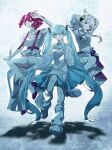  3girls alternate_costume arm_up armpits arms_up asymmetrical_skirt belt black_shoes blue_belt blue_dress blue_eyes breasts cevio cleavage_cutout clothing_cutout commentary_request cropped_shirt detached_sleeves dress drill_hair elbow_gloves gloves grin hair_ornament hatsune_miku high_heels highres jacket jumping kafu_(cevio) kasane_teto kneehighs long_hair multiple_girls plaid_background red_eyes red_hair shadow shoes shoulder_belt single_detached_sleeve single_glove sirotuki skirt small_breasts smile socks thighhighs twin_drills twintails utau very_long_hair vocaloid white_dress white_hair white_jacket white_shoes white_skirt white_sleeves white_socks white_thighhighs 