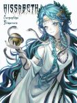  1girl absurdres apple_of_eden arm_cutout assassin&#039;s_creed_(series) blue_hair breasts cleavage closed_mouth clothing_cutout dress fang fang_out gem gem_hair_ornament gold_choker gold_headband green_gemstone grey_eyes hand_up highres hissabeth holding long_hair looking_at_viewer official_alternate_costume reverse:1999 slit_pupils smile snake snake_on_head solo upper_body very_long_hair white_background white_dress xiao_xiazi 
